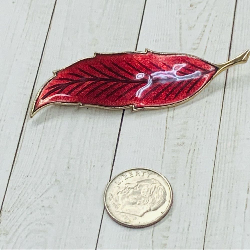 Gold Red Enamel Leaf Brooch